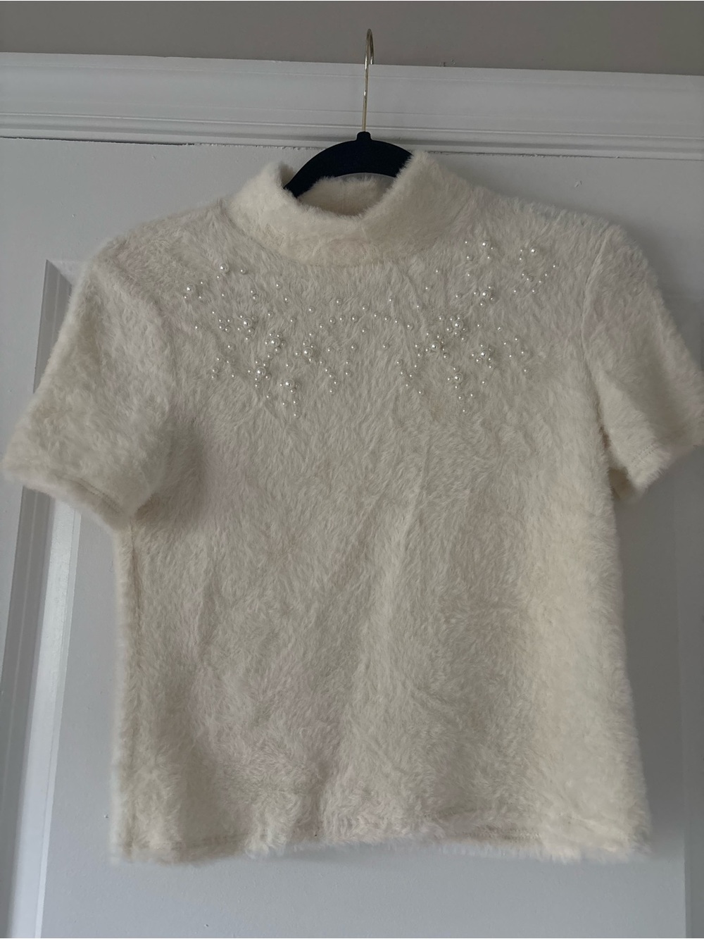 Zara Ivory Fuzzy Short-Sleeve Sweater with Beaded Yoke